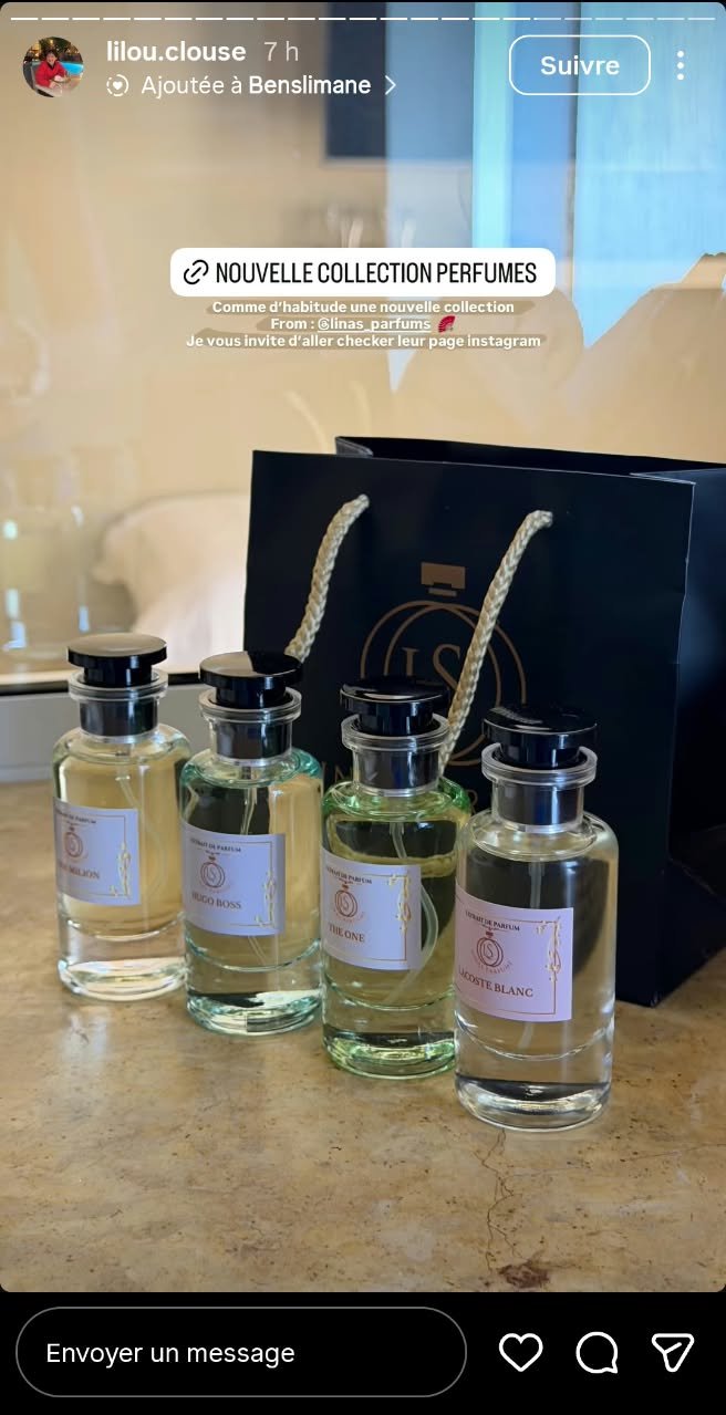 Story Instagram d'une cliente présentant son pack LINAS PARFUMS : One Million, Hugo Boss, The One, Lacoste Blanc