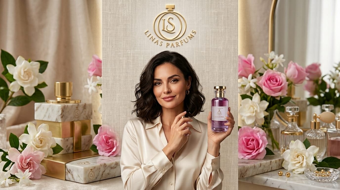 Femme présentant un parfum LINAS PARFUMS