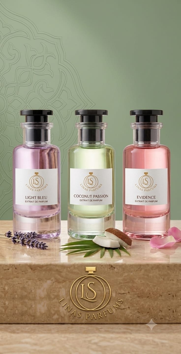 Trois parfums LINAS PARFUMS sur un plateau en marbre